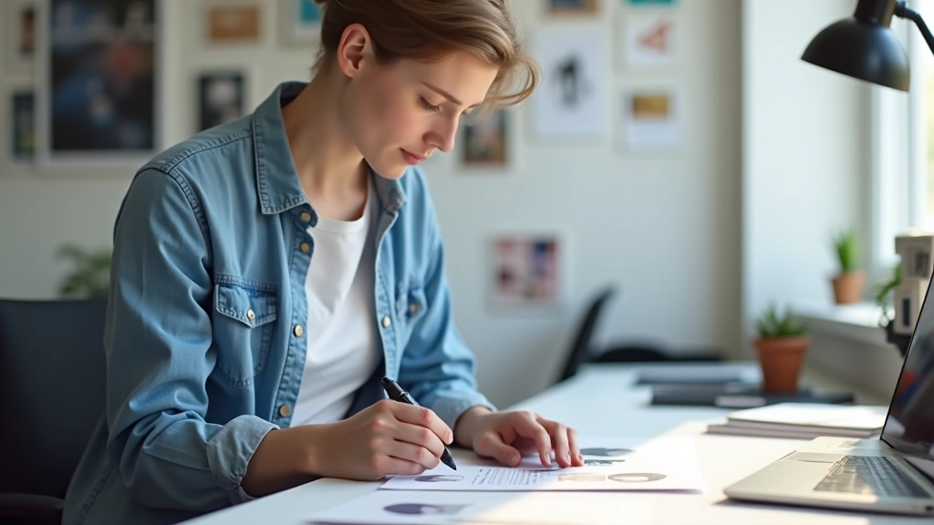 Grafisch ontwerper bekijkt portfolio prints op licht met design proofs op tafel