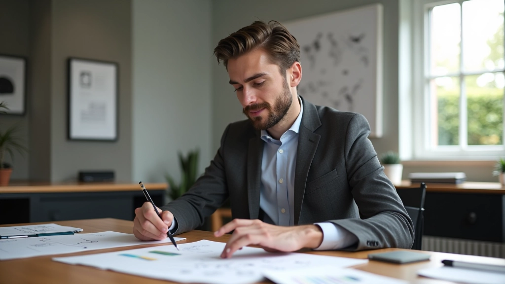 Designer aan het werk met notities en kleurstalen op bureau in minimalistisch kantoor