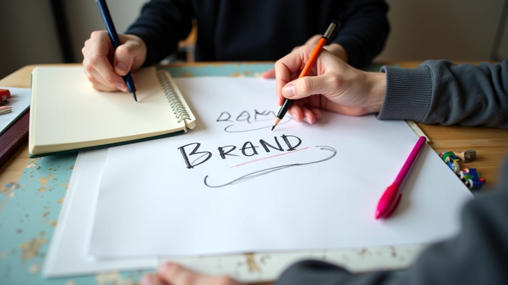 Persoon die notities maakt over merkstrategie met kleurpotloden en schets