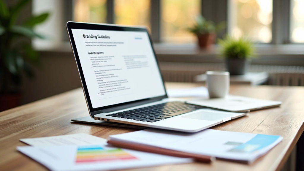 Laptop met branding guidelines document, kleurenpalet en typografie samples op bureau