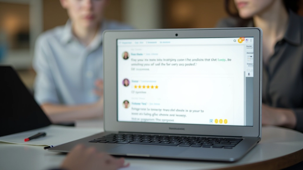 Close-up van laptop scherm met positieve reviews en sterrenbeoordelingen op bedrijfswebsite