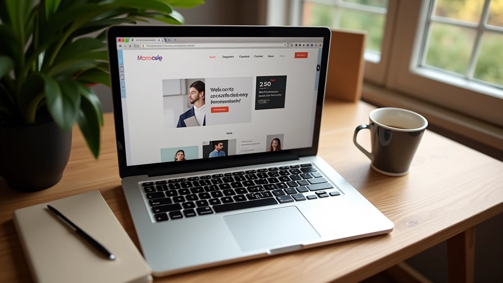 Laptop scherm met website portfolio op houten tafel met koffiekopje en notitieblok