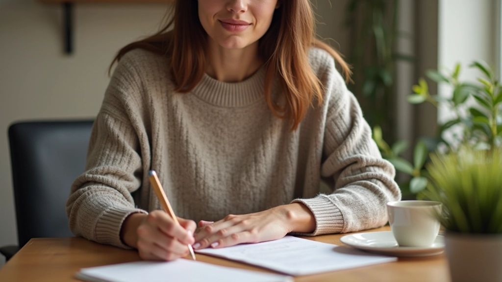 Persoon schrijvend aan tafel met pen en papier, kopje thee en planten in achtergrond