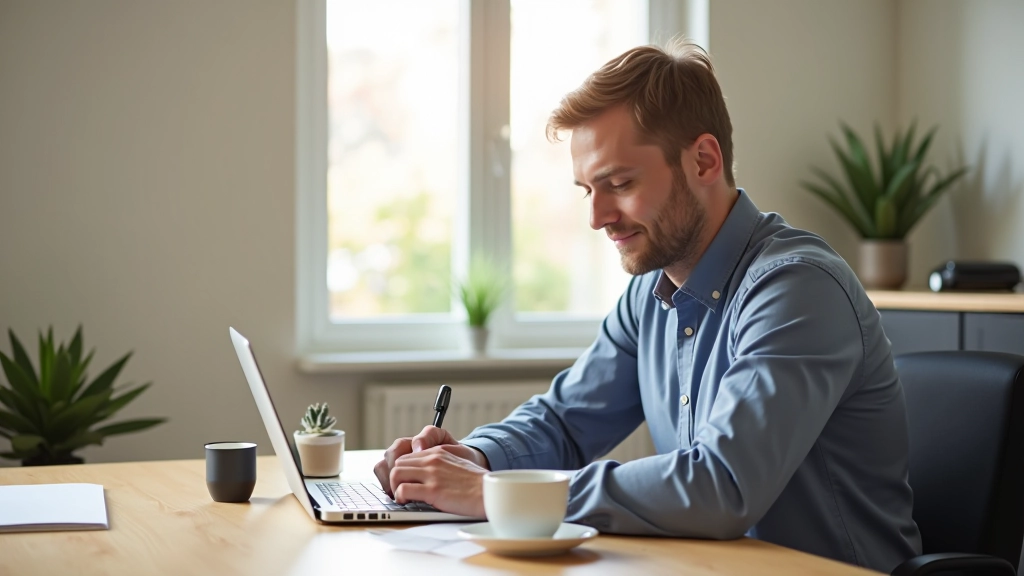 Persoon aan bureau die artikel schrijft op laptop, koffie en notities zichtbaar
