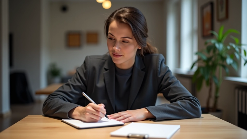 Persoon aan bureau met notitieblok en pen, diensten uitschrijvend
