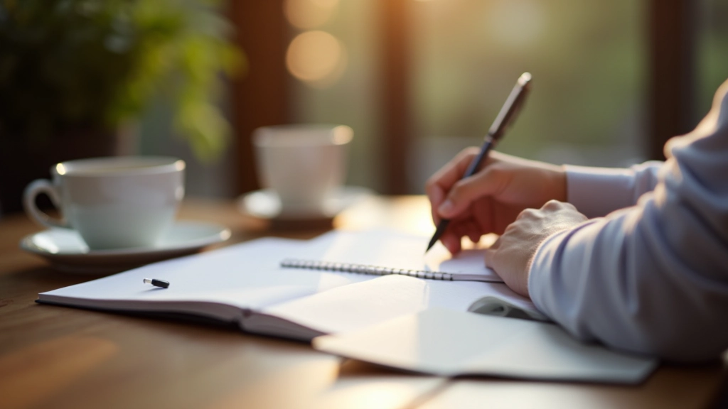 Persoon aan bureau met notitieboek en pen, werkend aan persoonlijke branding strategie