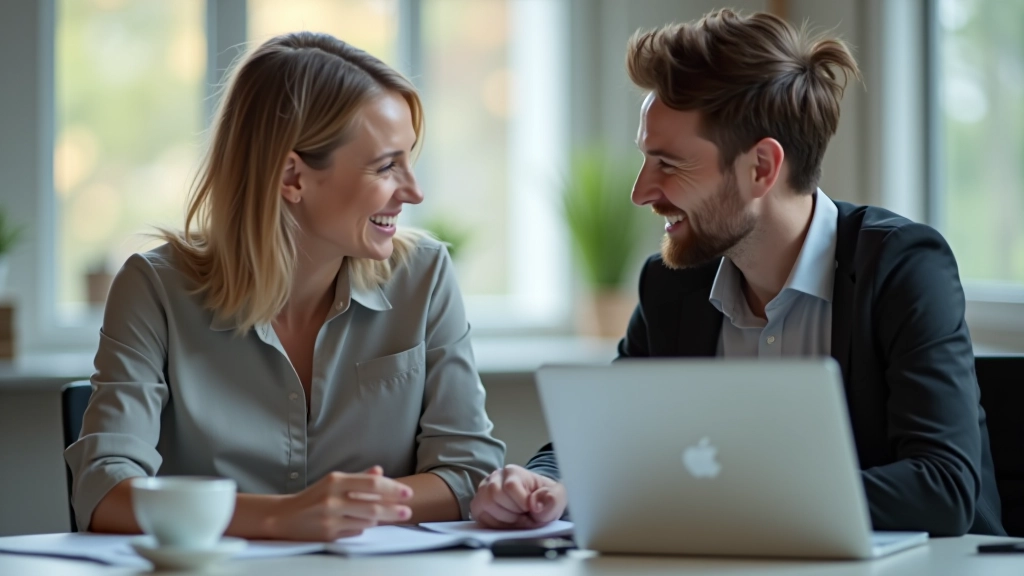 Twee ondernemers in kantoor met laptops, glimlachend naar elkaar, vertrouwen en samenwerking uitstraling