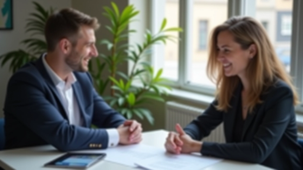 Twee mensen in gesprek aan tafel met documenten en koffie