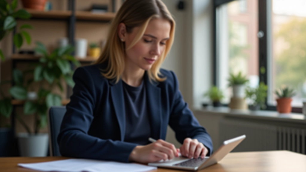 Professioneel vrouw aan bureau met tablet en notitieboek, notities makend over branding strategie